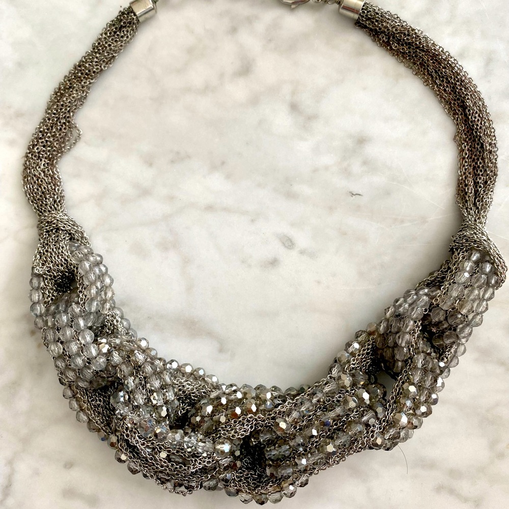BR Grey bead and silver metal strand necklace